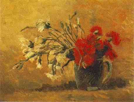 Vase with Red and White Carnations on Yellow Background by Vincent van Gogh